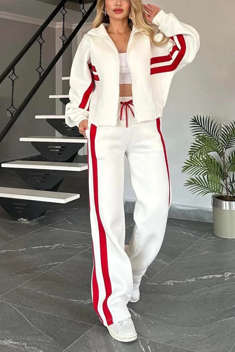 2025 Autumn Winter New Two-piece Set Women's Zipper Striped Loose Jacket Outwear And High Waist Side-striped Pants Sports Sets MultiShop24