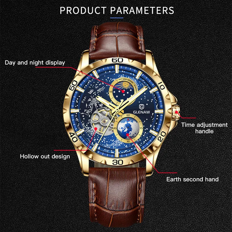 GLENAW Rotating Earth Double Second Hand WristWatch Men Automatic Multi Shop24
