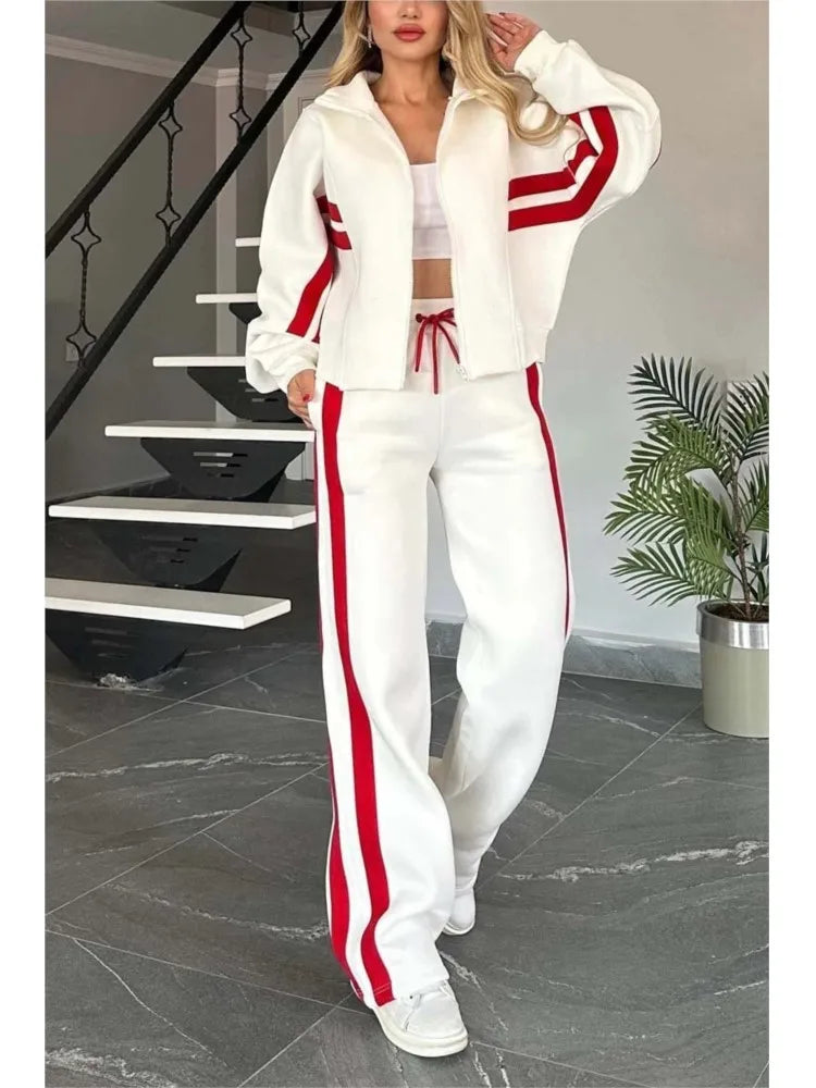2025 Autumn Winter New Two-piece Set Women's Zipper Striped Loose Jacket Outwear And High Waist Side-striped Pants Sports Sets MultiShop24