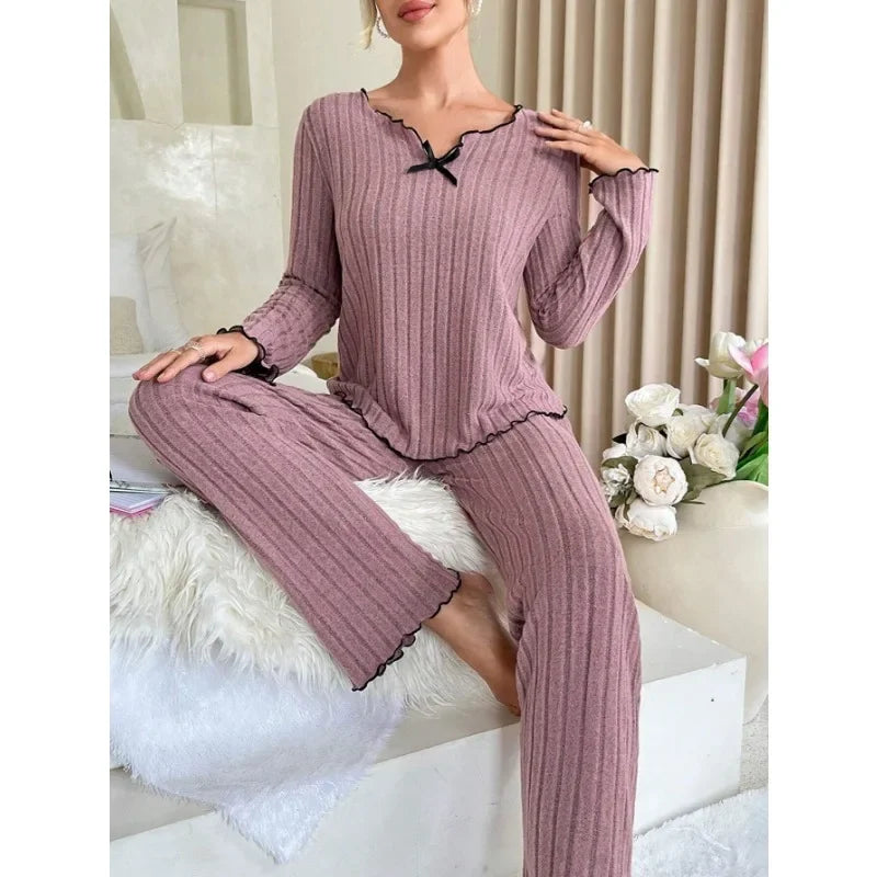 Women Autumn Winter Sleepwear Ribbed Pajamas Set Long Sleeve - Multi Shop24