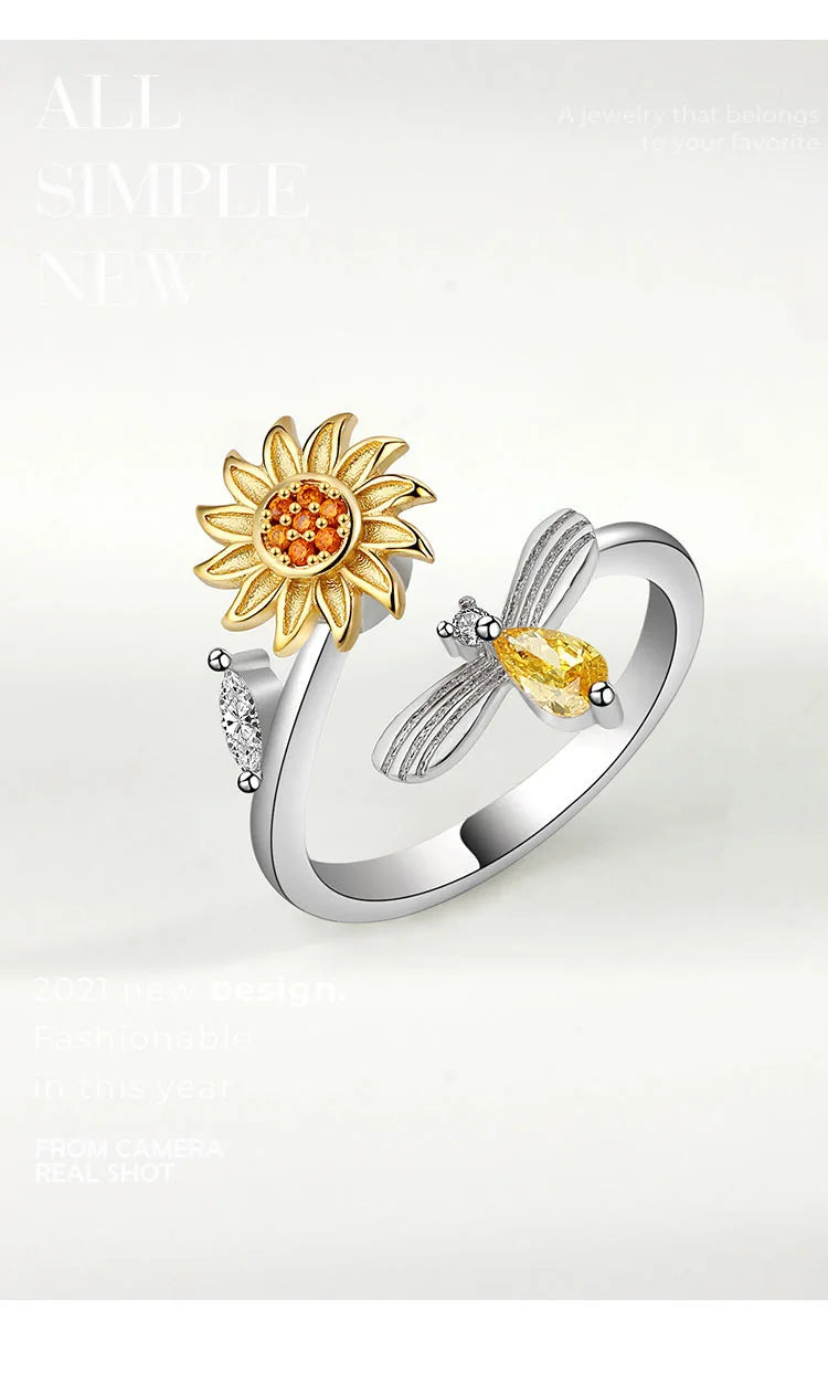 VENTFILLE 925 Sterling Silver Sunflower Diamond Zircon Rotatable Ring For Women