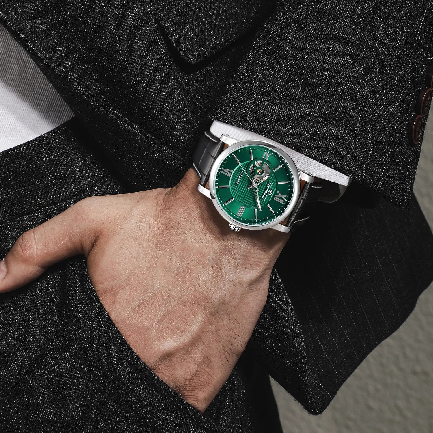 Forsining Fashion Skeleton Mechanical Watch for Men Green Multi Shop24