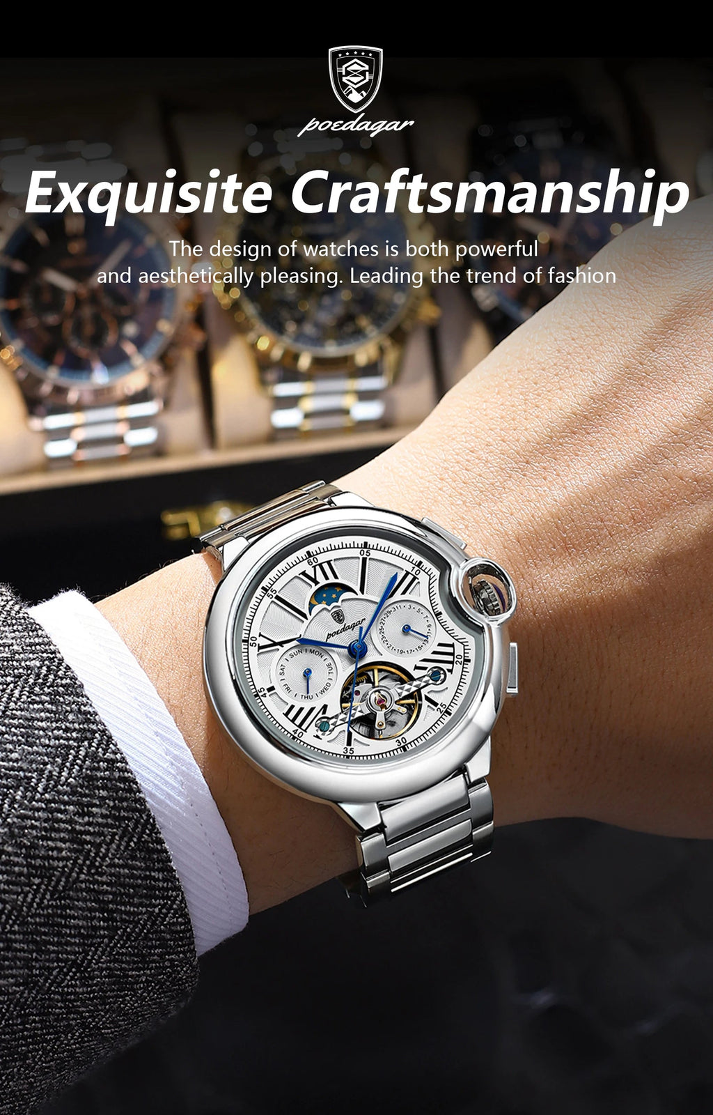 POEDAGAR Luxury Man Watch Tourbillon Date Week Stainless Steel Men Multi Shop24