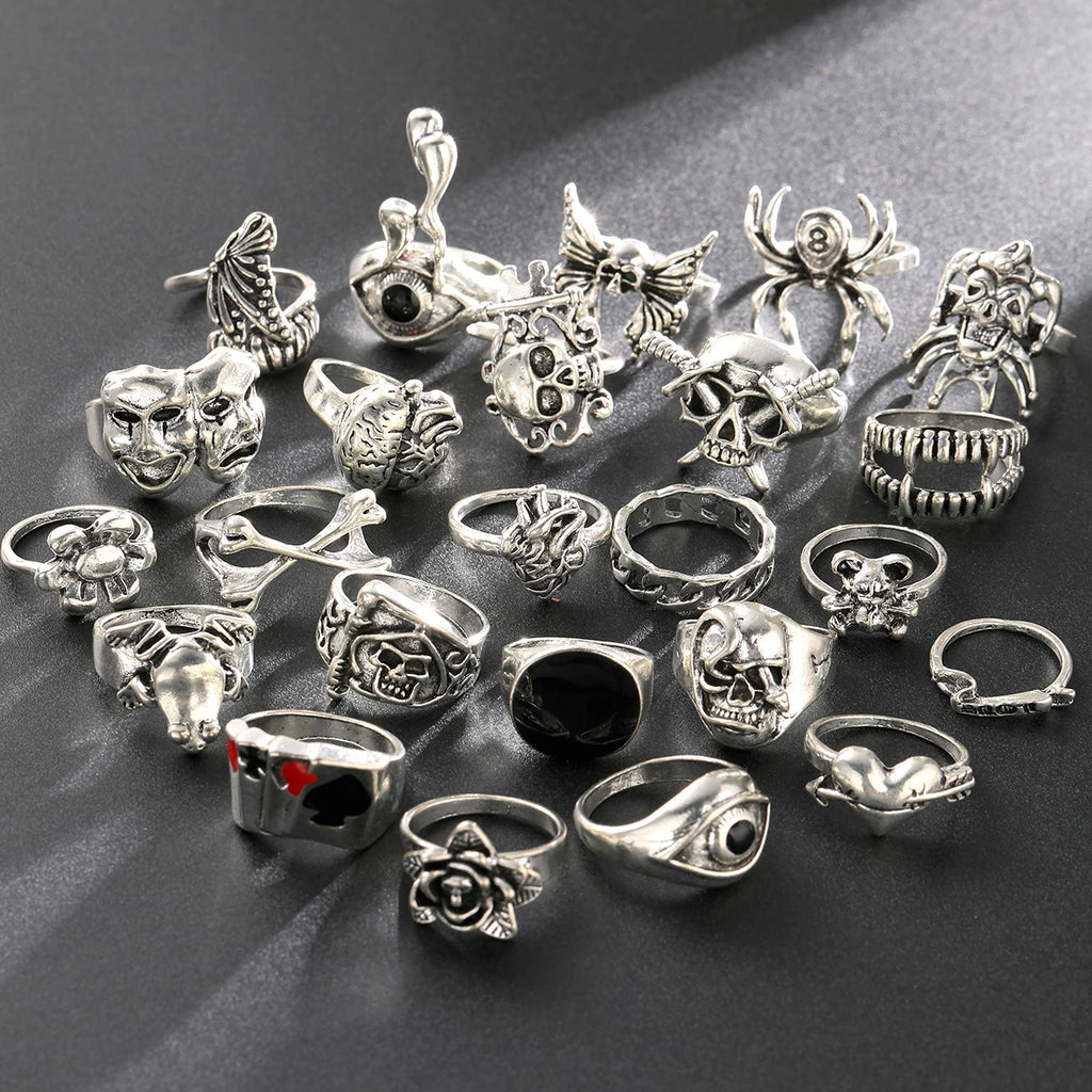 24 Pcs Gothic Skeleton Unisex Ring Set Punk Grunge Butterfly Frog Woman Man Jewelry Hip Hop Party Street Ring Accessories Gift - Multi Shop24