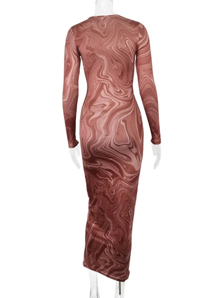 Long Sleeve Bodycon Dresses For Women Evening Party Clothes O-neck Mid Calf Sexy Vestidoes De Mujer One Piece Outfits Streetwear MultiShop24