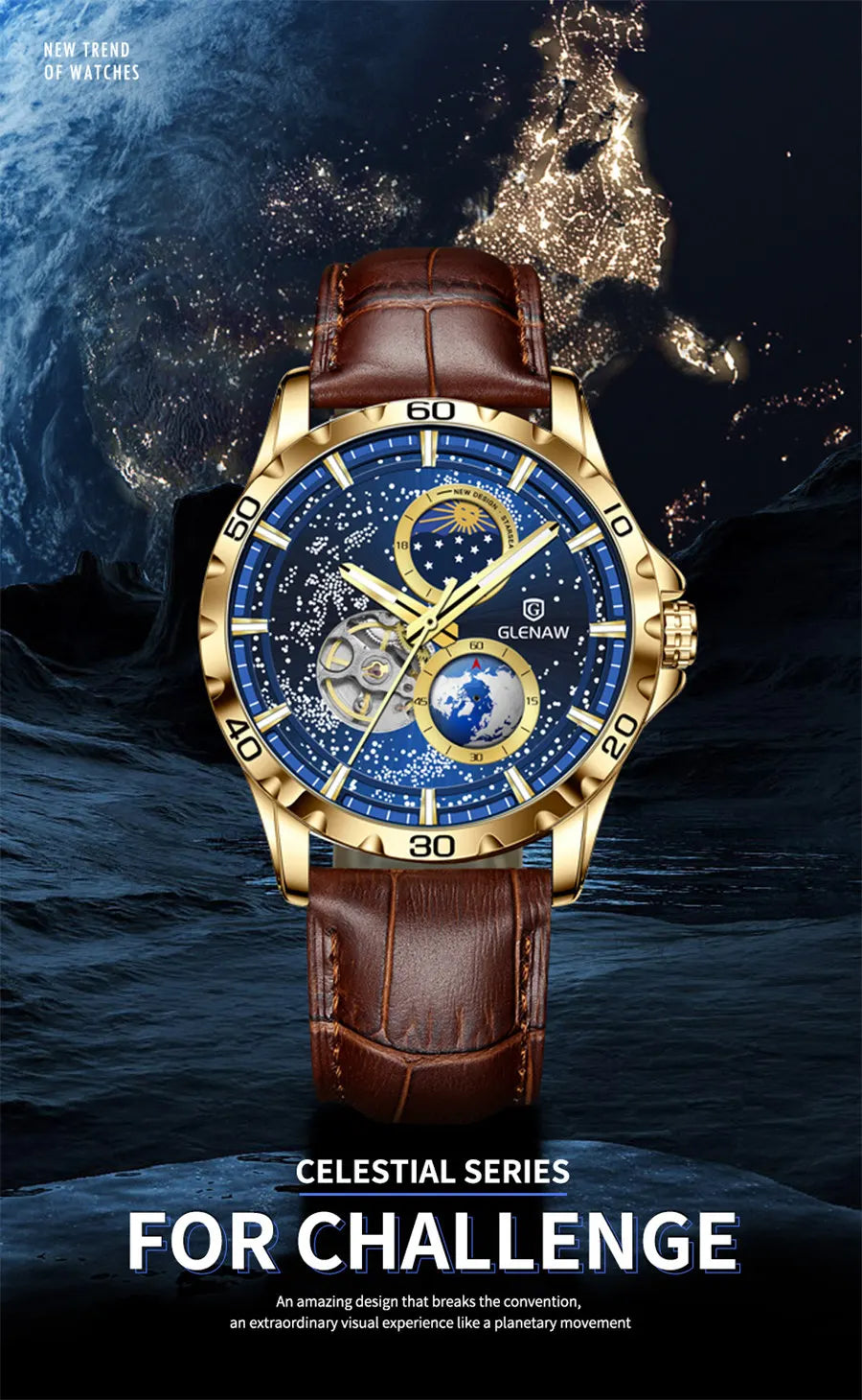 GLENAW Rotating Earth Double Second Hand WristWatch Men Automatic Multi Shop24