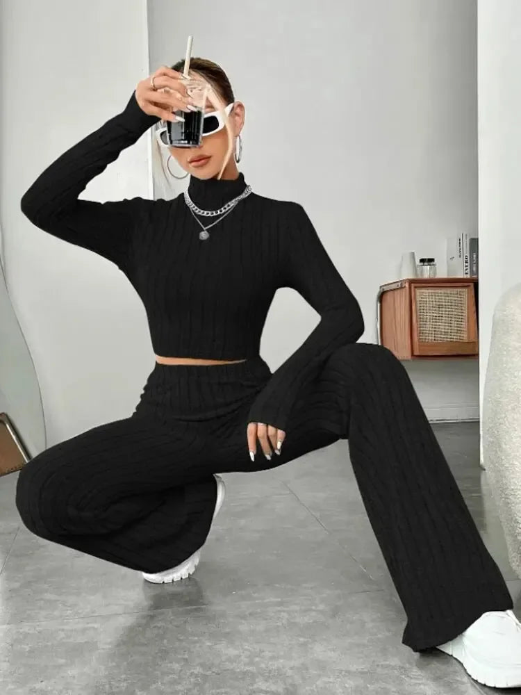 Women Fashion Solid Color Streetwear Autumn Winter Elegant Round Neck Tops Loose Pants Suit Casual Holiday Sport Two Piece Sets - Multi Shop24