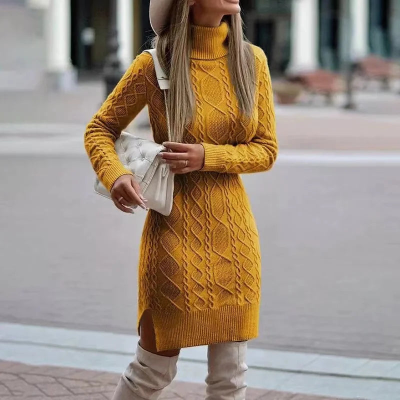 2024 Autumn Winter New Women's Knitted Wrap Hip Skirt High Neck Warm and Thickened Elegant Knitted Sweater Long Sleeve Dress - Multi Shop24