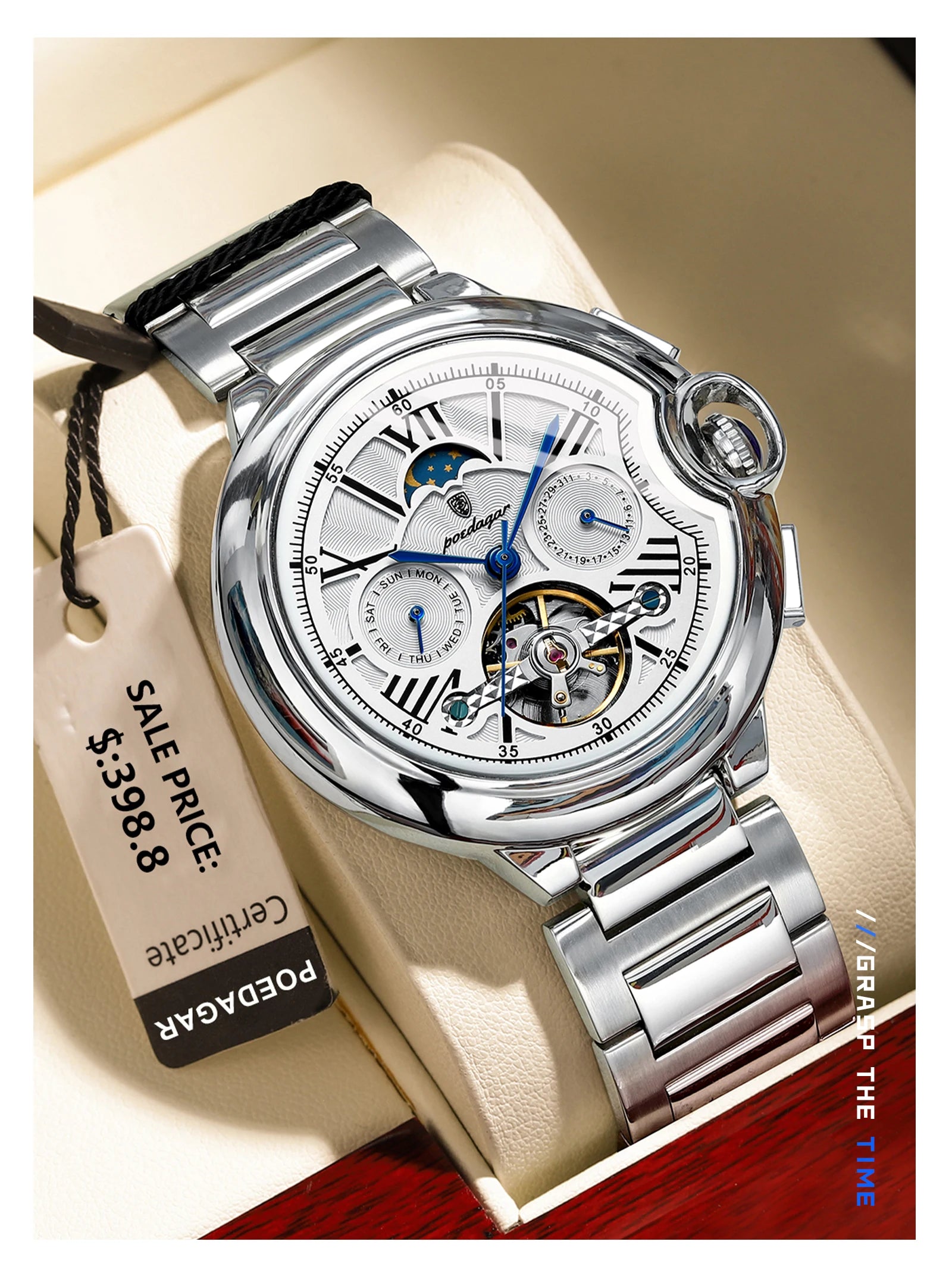 POEDAGAR Luxury Man Watch Tourbillon Date Week Stainless Steel Men Multi Shop24