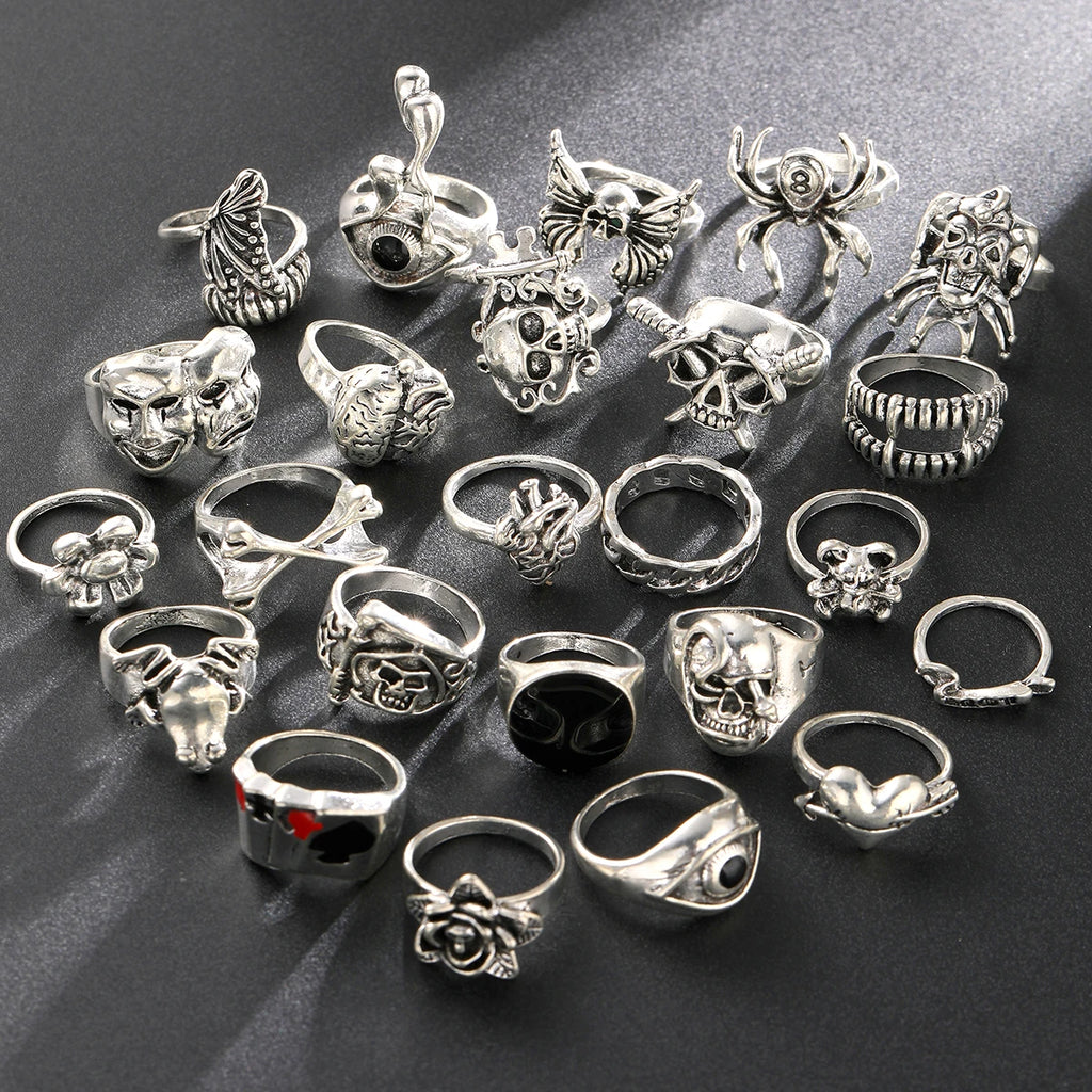 24 Pcs Gothic Skeleton Unisex Ring Set Punk Grunge Butterfly Frog Woman Man Jewelry Hip Hop Party Street Ring Accessories Gift - Multi Shop24