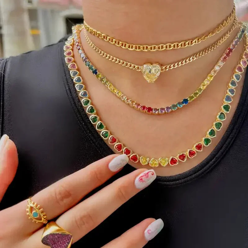 Round Heart Shaped CZ Tennis Chain Rainbow Colorful Necklace Top Quality Gold Color Hip Hop Fashion Women Choker Jewelry MultiShop24