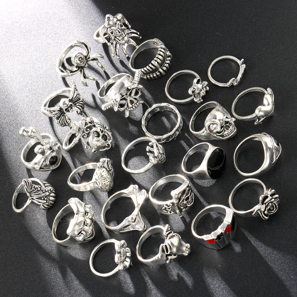 24 Pcs Gothic Skeleton Unisex Ring Set Punk Grunge Butterfly Frog Woman Man Jewelry Hip Hop Party Street Ring Accessories Gift - Multi Shop24