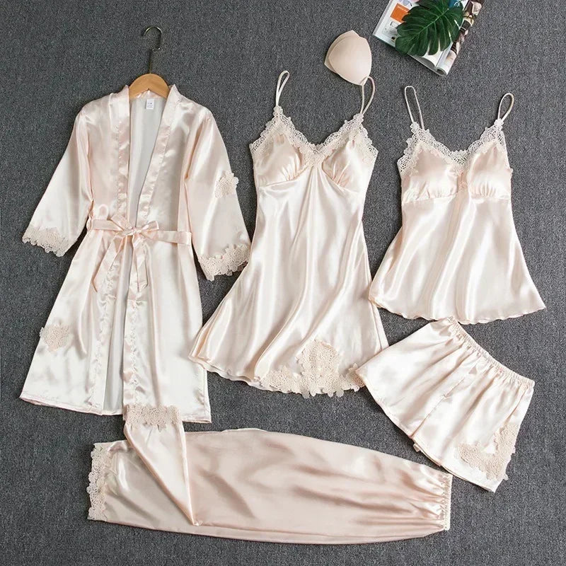 5-piece Set of Women's Sleepwear Sexy Silk Nightgown - Multi Shop24