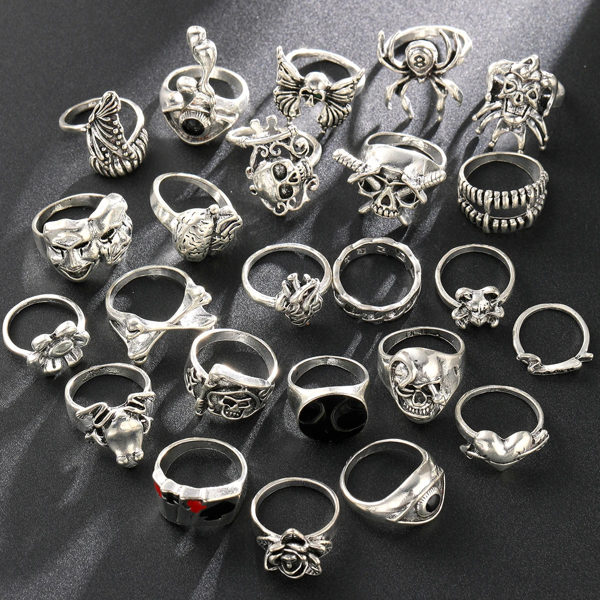 24 Pcs Gothic Skeleton Unisex Ring Set Punk Grunge Butterfly Frog Woman Man Jewelry Hip Hop Party Street Ring Accessories Gift - Multi Shop24