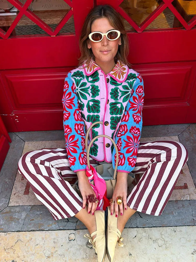 2025 Winter Women's Flower Print Parkas Lapel Single-breasted Long Sleeve Pocket Quilted Coat Female Vintege Lady New in Outwear MultiShop24