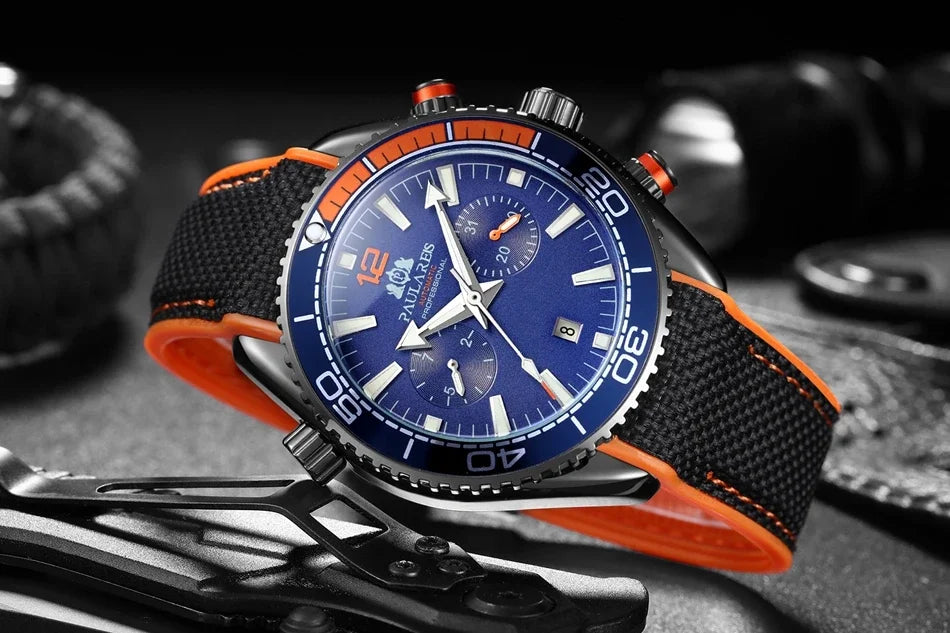 Automatic Watch for Men Mechanical Canvas Rubber Strap Orange Blue Red Multi Shop24