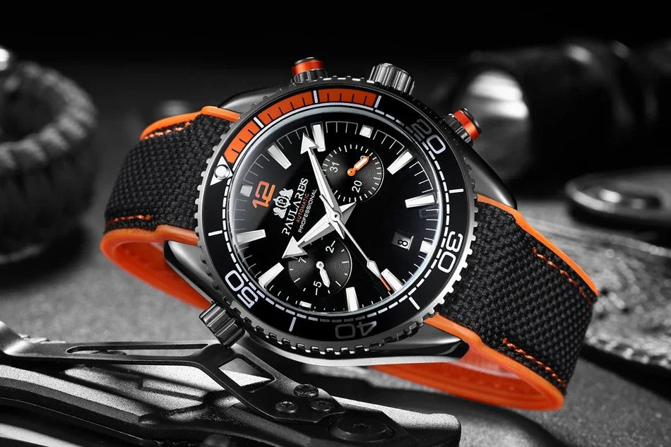 Automatic Watch for Men Mechanical Canvas Rubber Strap Orange Blue Red Multi Shop24