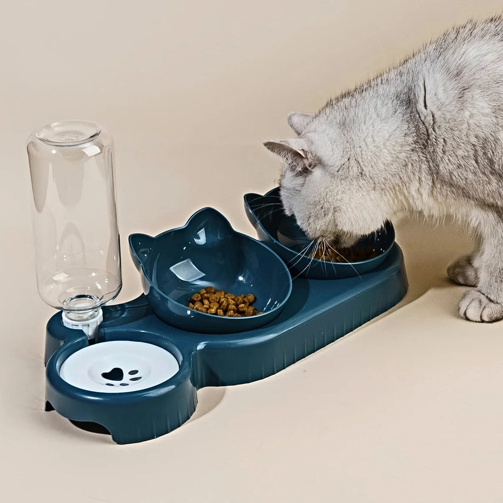 Pet Bowls With Water Feeder, 3 In 1 Ear Design Tilted Cat Water And Food Bowl Set Multi Shop24