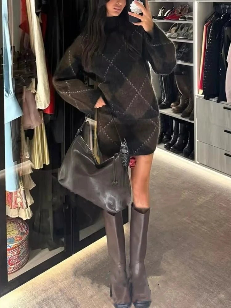 Brown Vintage Argyle Plaid Knitted Dress Sets Women Causal Turtleneck Loose Sweater +Knit Mini Skirts Set Winter Women Knitwear - Multi Shop24