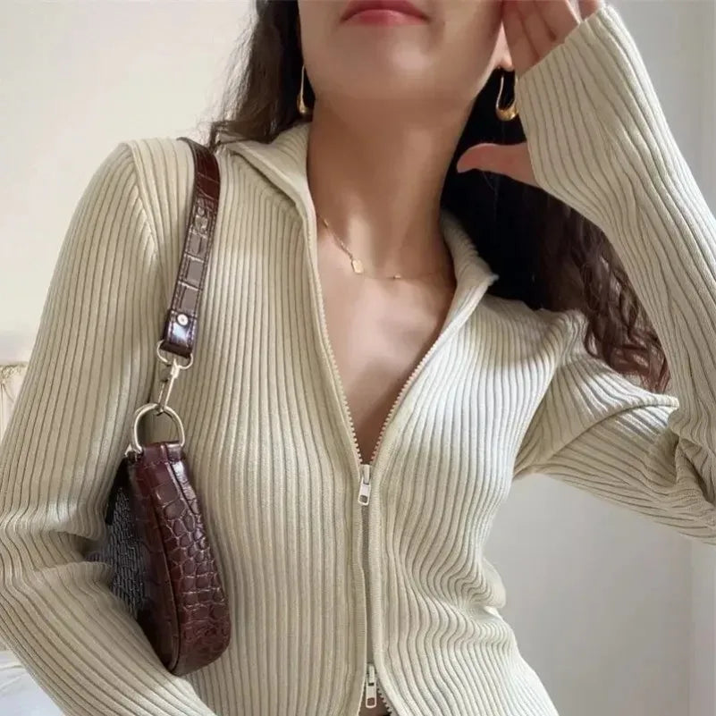 PTKPCC Autumn Women's Clothing New Casual Cardigan Y2K Slim Knitted Sweater Zipper Lapel Top Vintage High Strecth Slim Pullovers MultiShop24