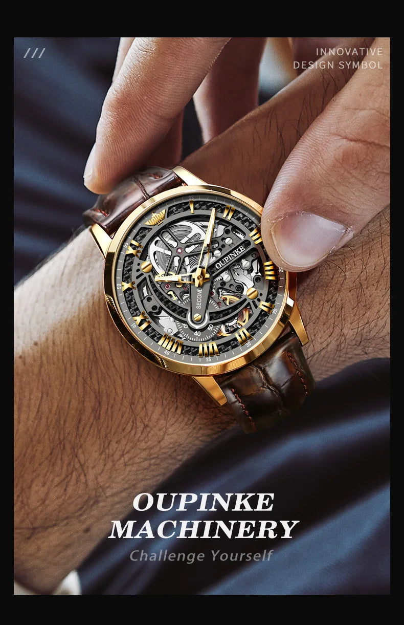 OUPINKE 3173 Original Leather Strap Automatic Hollow Mechanical Wristwatch for Men Multi Shop24
