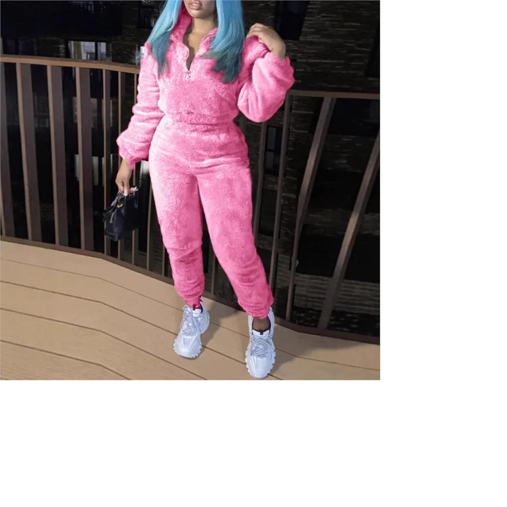 Fashion Casual Solid Color Plush Women's Suit Autumn Winter New Ultra Short Jacket Slim Warm Sports Trousers Girls 2 Piece Set MultiShop24