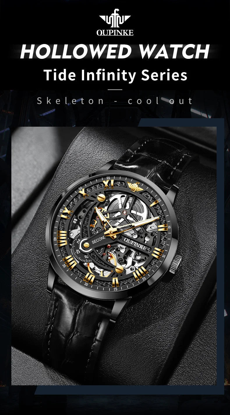 OUPINKE 3173 Original Leather Strap Automatic Hollow Mechanical Wristwatch for Men Multi Shop24