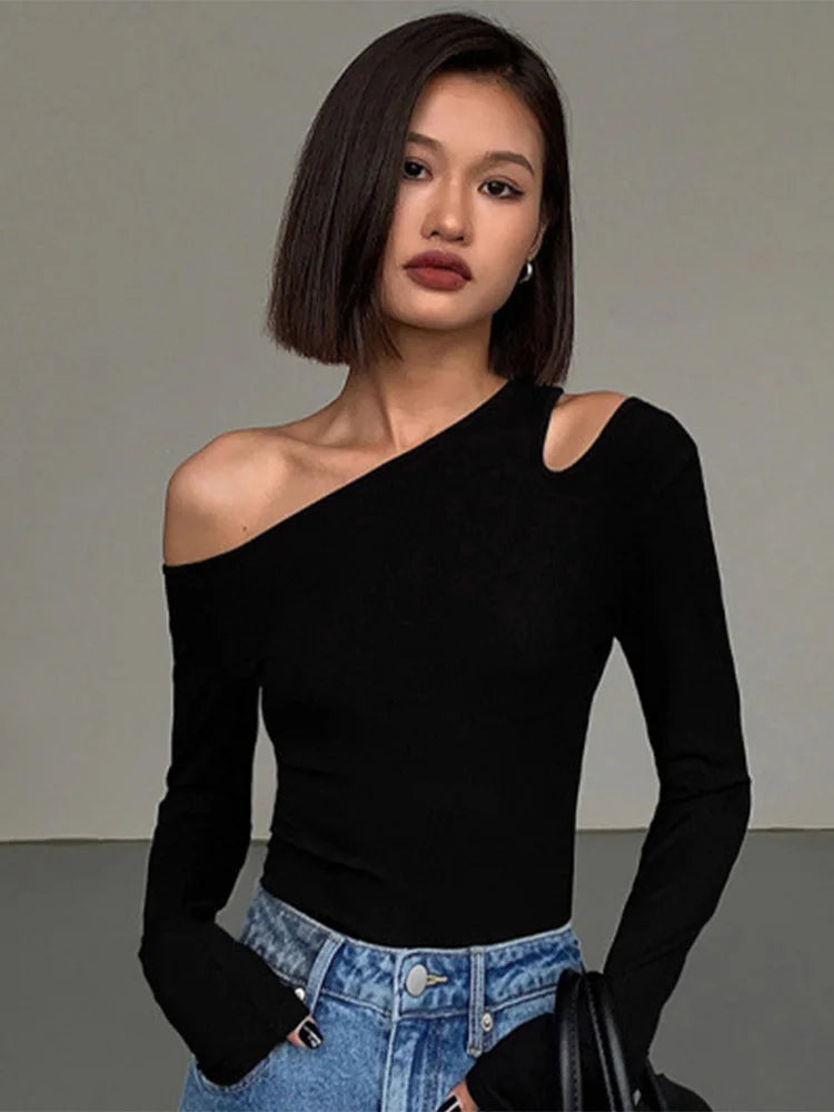 Fashion Skew Collar Off-shoulder Long-sleeved T-shirts Women Spring New Solid Slim Fit Crop Top Sexy Hollow Out Tees Shirts - Multi Shop24