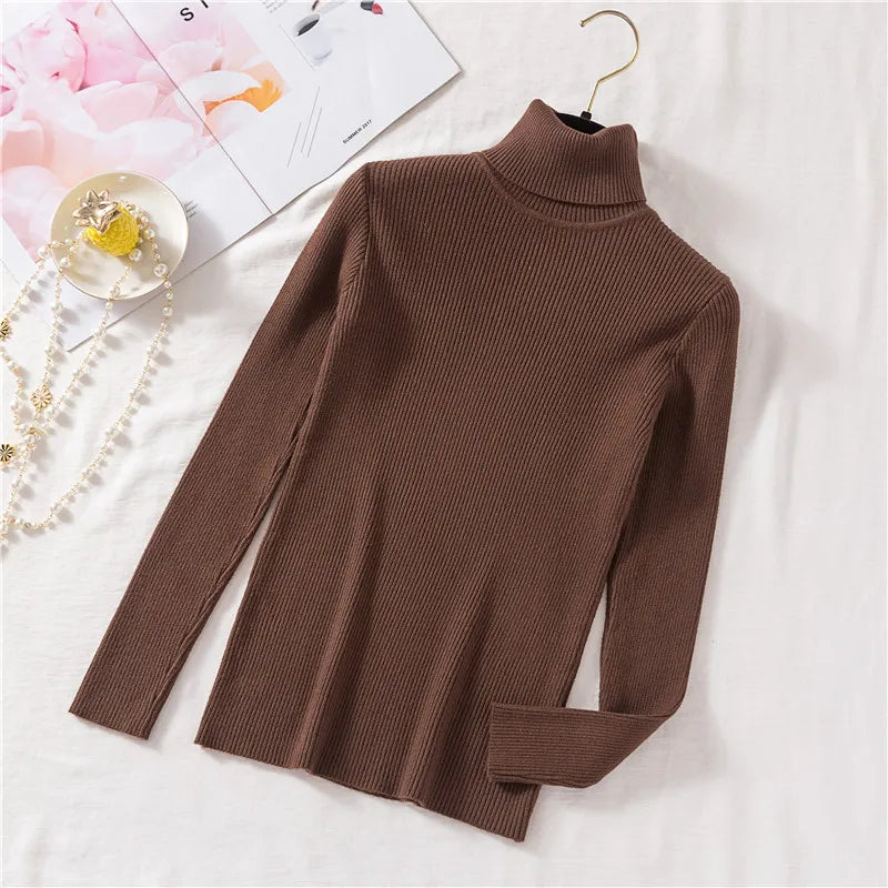 2026 Autumn Winter Women Long Sleeve Knitted Foldover Turtleneck Ribbed Pull Sweater Soft Warm Femme Jumper Pullover Clothes MultiShop24