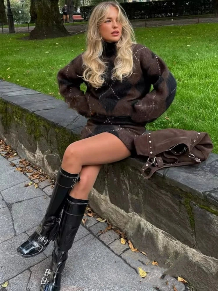 Brown Vintage Argyle Plaid Knitted Dress Sets Women Causal Turtleneck Loose Sweater +Knit Mini Skirts Set Winter Women Knitwear - Multi Shop24