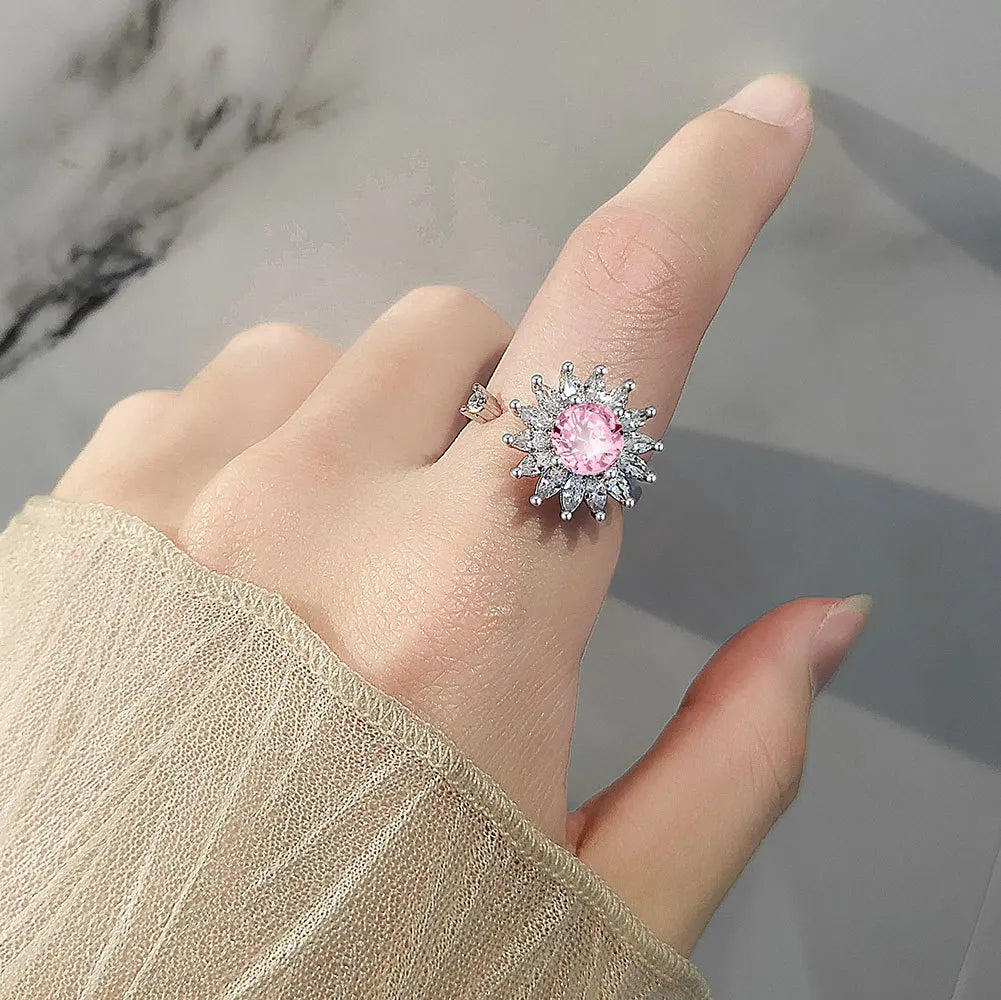 VENTFILLE 925 Sterling Silver Sunflower Diamond Zircon Rotatable Ring For Women