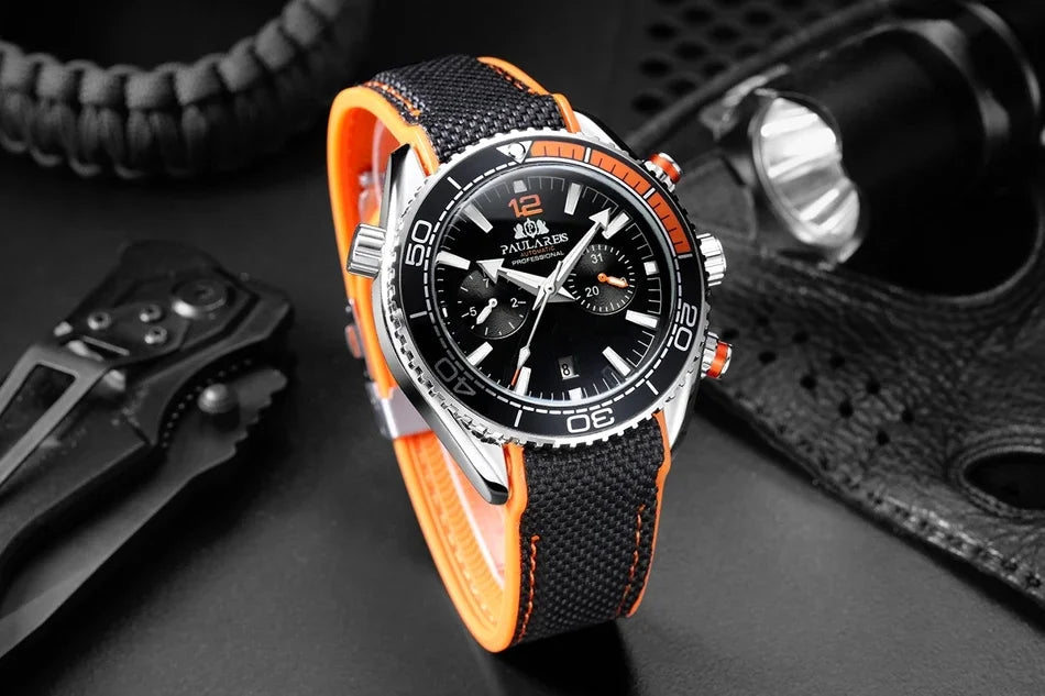 Automatic Watch for Men Mechanical Canvas Rubber Strap Orange Blue Red Multi Shop24