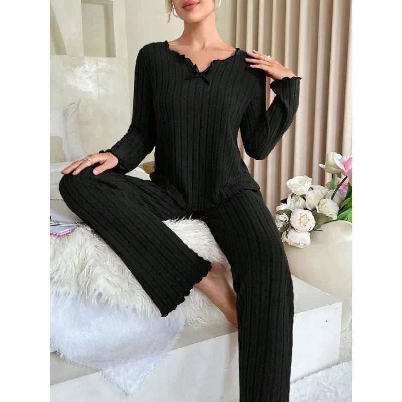 Women Autumn Winter Sleepwear Ribbed Pajamas Set Long Sleeve - Multi Shop24