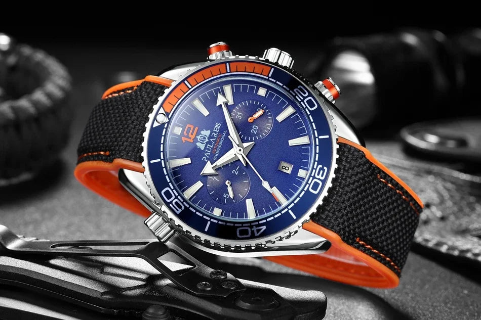 Automatic Watch for Men Mechanical Canvas Rubber Strap Orange Blue Red Multi Shop24