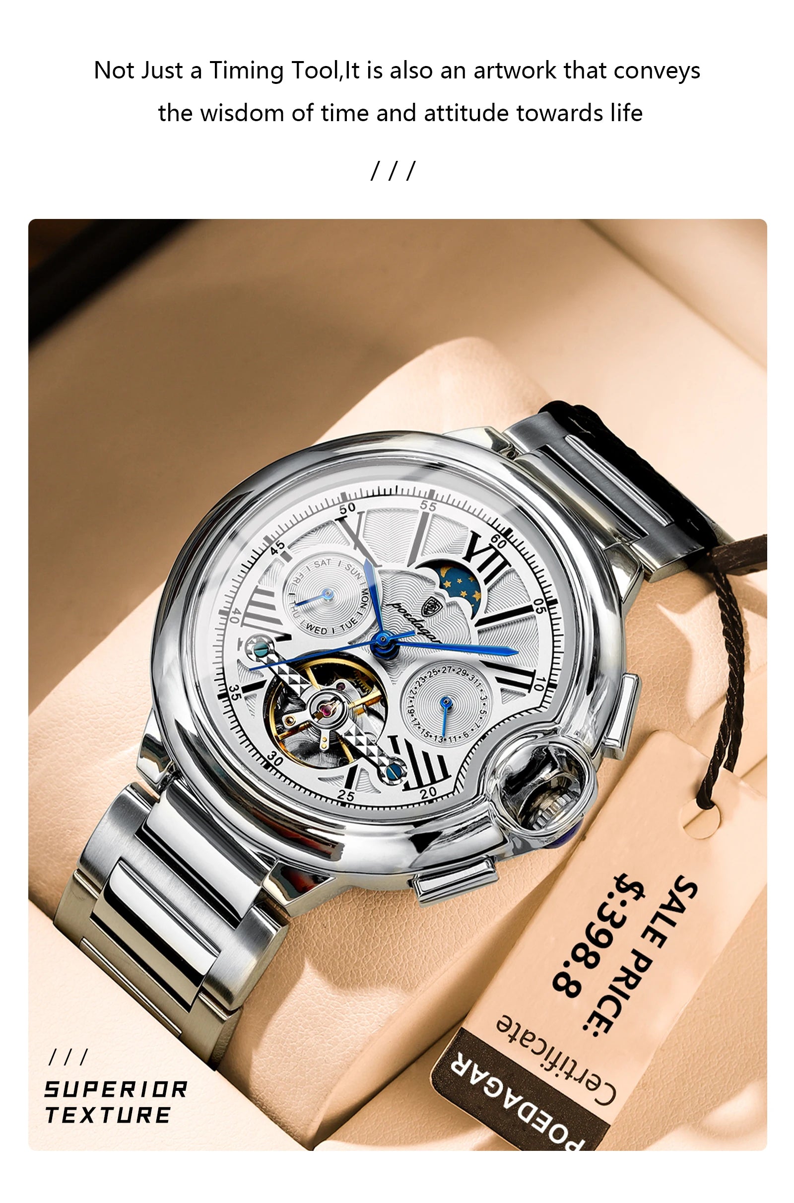 POEDAGAR Luxury Man Watch Tourbillon Date Week Stainless Steel Men Multi Shop24