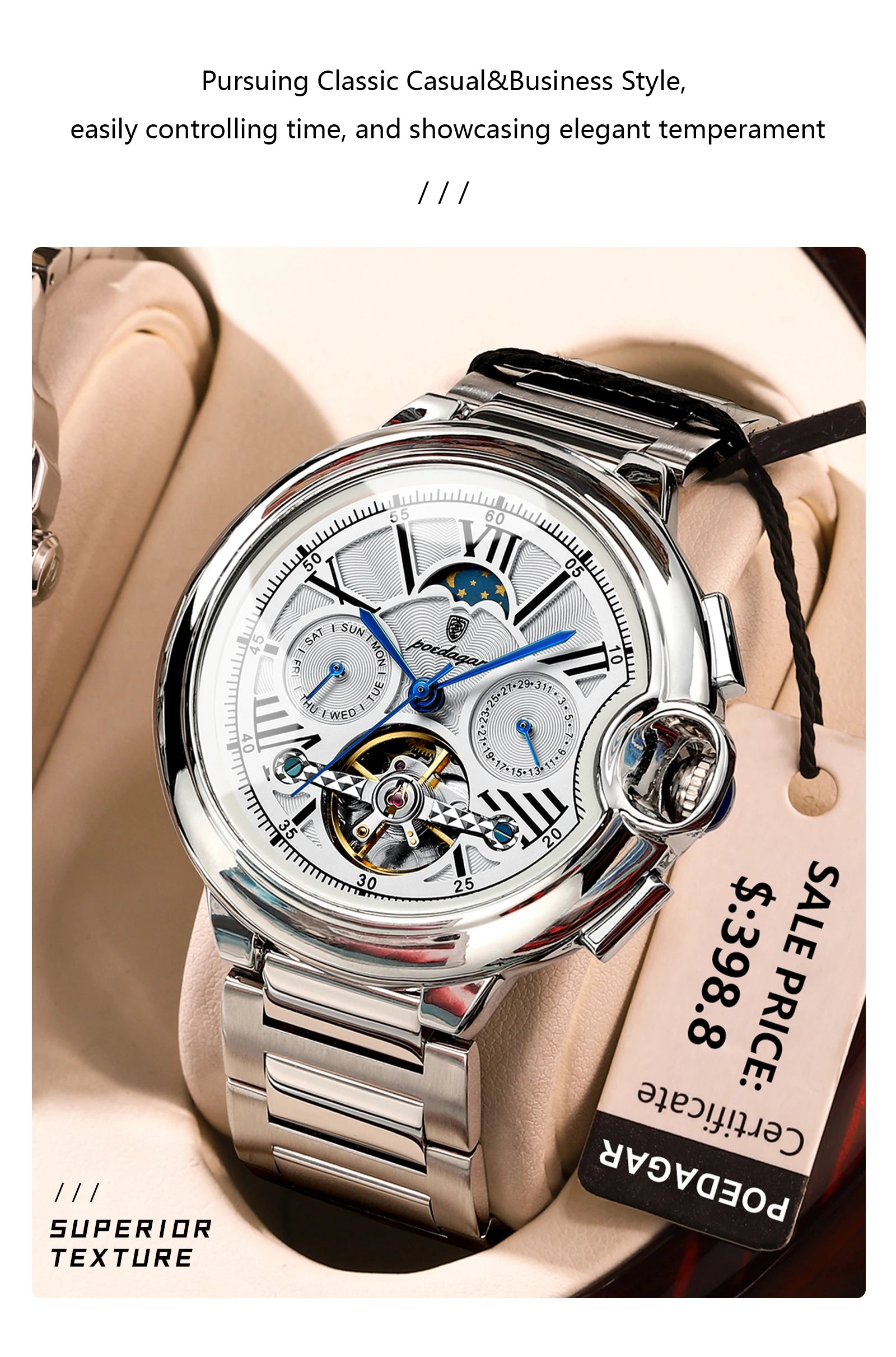 POEDAGAR Luxury Man Watch Tourbillon Date Week Stainless Steel Men Multi Shop24