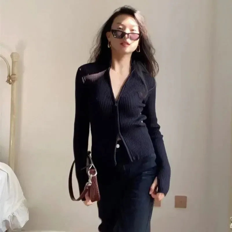 PTKPCC Autumn Women's Clothing New Casual Cardigan Y2K Slim Knitted Sweater Zipper Lapel Top Vintage High Strecth Slim Pullovers MultiShop24