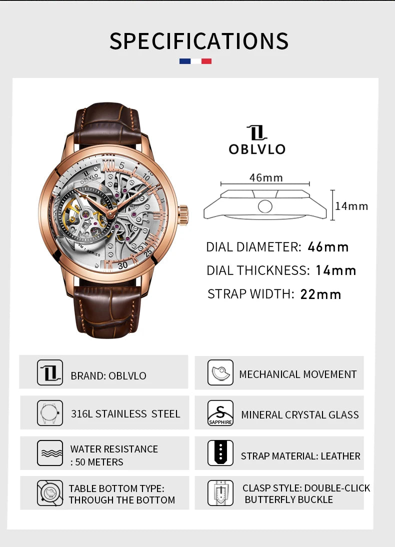 OBLVLO Luxury Retro 45mm Dial Skeleton Automatic Watches For Men Multi Shop24