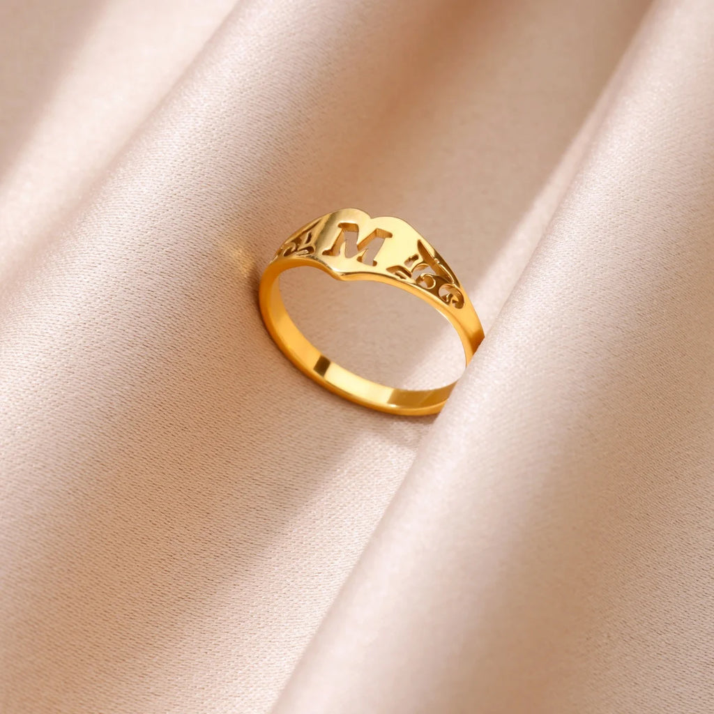 Fashion Hollow Initial Letter Heart Rings For Women Gold Color Stainless Steel A-Z