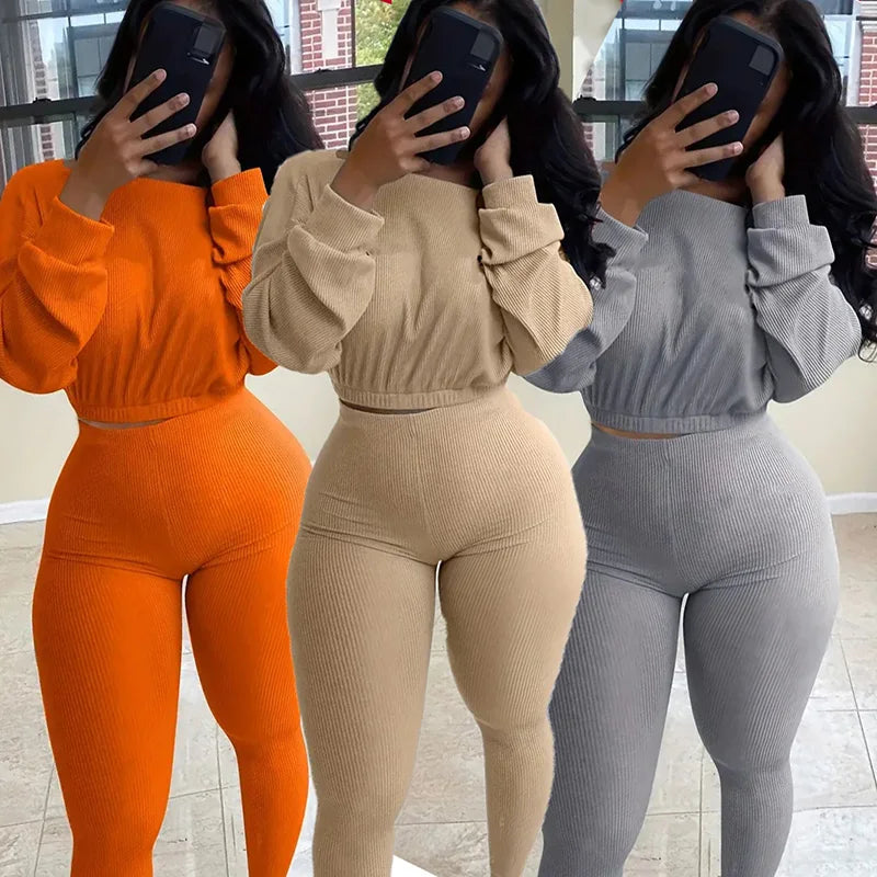 Letter Embroidery Women Two Piece Ribbed Tracksuits Fall Spring Long Sleeve Sweatshirt and Skinny Pants Set MultiShop24