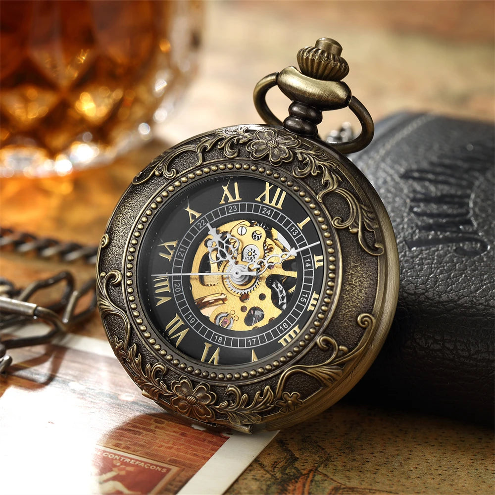 Luxury Retro Golden Hollow Skeleton Mechanical Pocket Watch Mens Multi Shop24