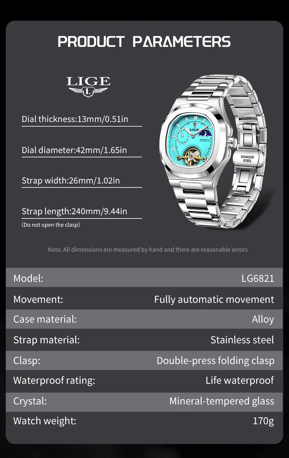 LIGE 2024 Automatic Mens Watch Fashion Stainless Steel Luxury Watches Men Multi Shop24