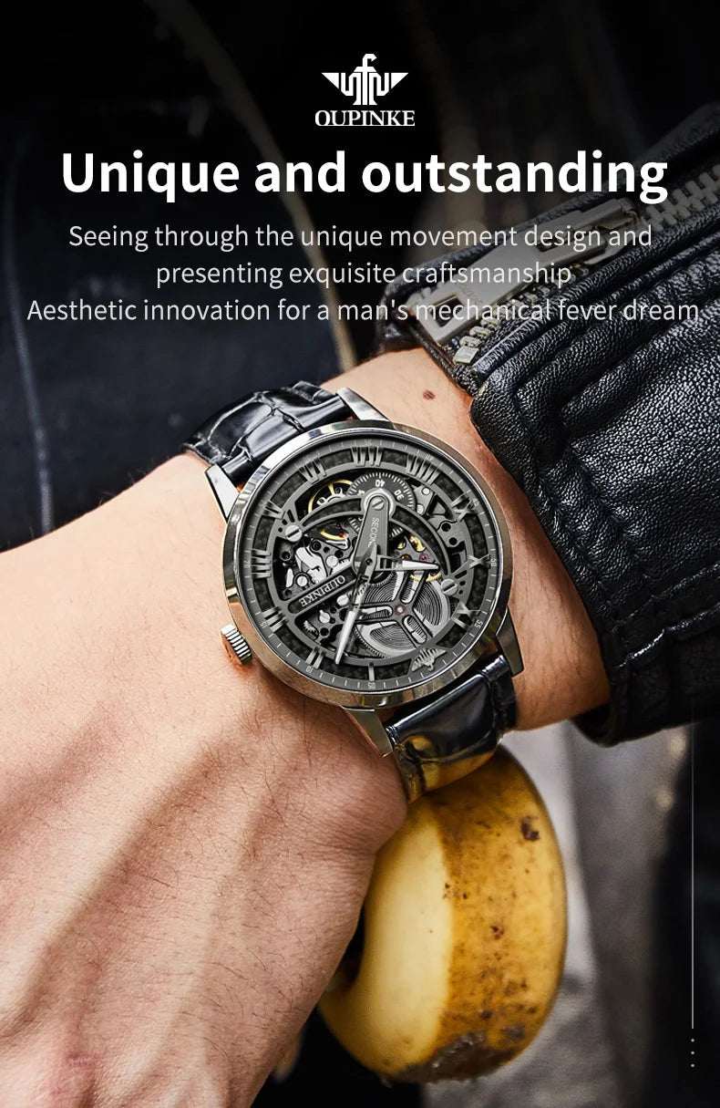 OUPINKE 3173 Original Leather Strap Automatic Hollow Mechanical Wristwatch for Men Multi Shop24