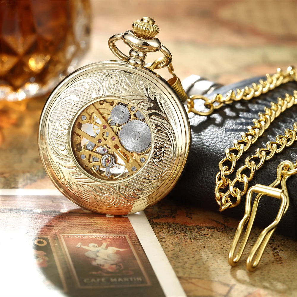 Luxury Retro Golden Hollow Skeleton Mechanical Pocket Watch Mens Multi Shop24