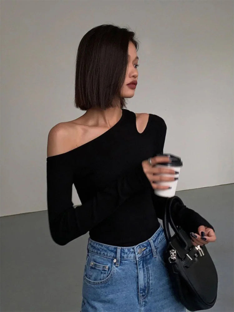 Fashion Skew Collar Off-shoulder Long-sleeved T-shirts Women Spring New Solid Slim Fit Crop Top Sexy Hollow Out Tees Shirts - Multi Shop24