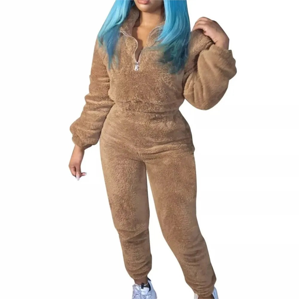 Fashion Casual Solid Color Plush Women's Suit Autumn Winter New Ultra Short Jacket Slim Warm Sports Trousers Girls 2 Piece Set MultiShop24