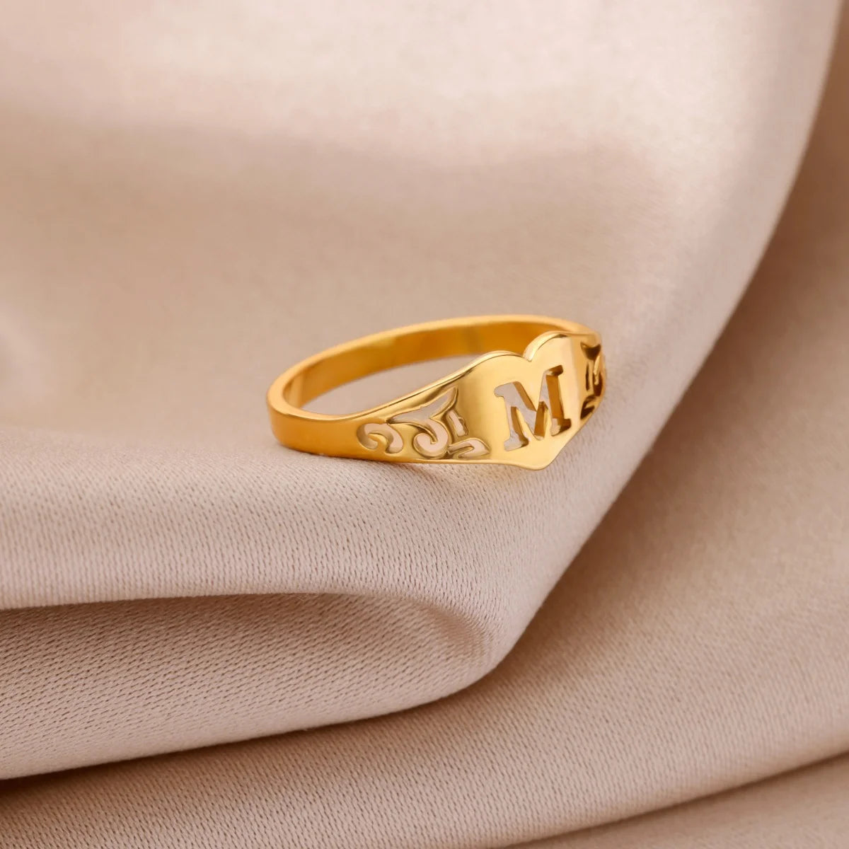 Fashion Hollow Initial Letter Heart Rings For Women Gold Color Stainless Steel A-Z