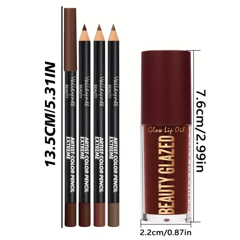 4pcs Dark Brown Lip Kit - Lip Liner + Lip Glaze, Waterproof & Long-Lasting Matte Effect,Versatile for Casual & Formal Occasions, MultiShop24