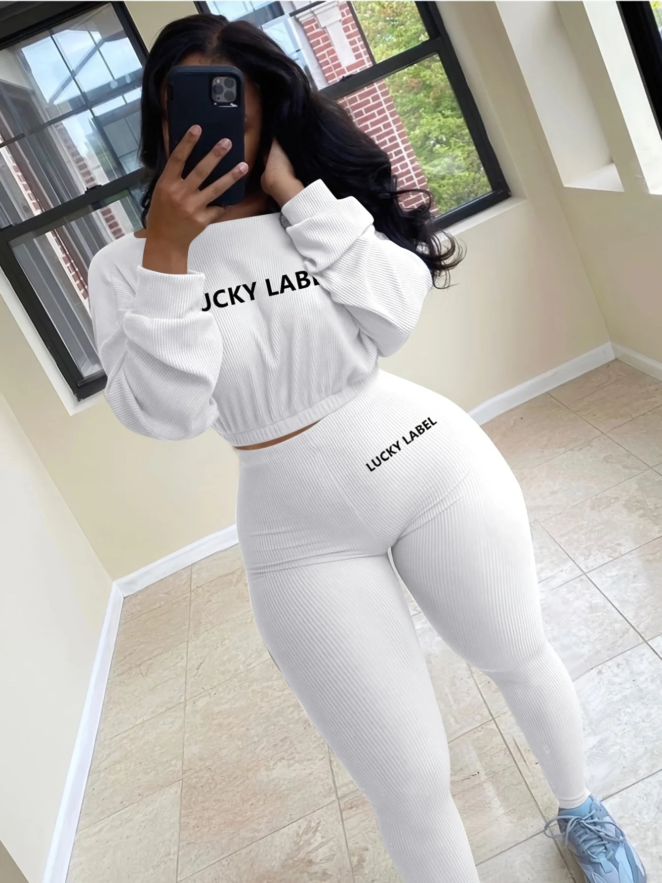 Letter Embroidery Women Two Piece Ribbed Tracksuits Fall Spring Long Sleeve Sweatshirt and Skinny Pants Set MultiShop24