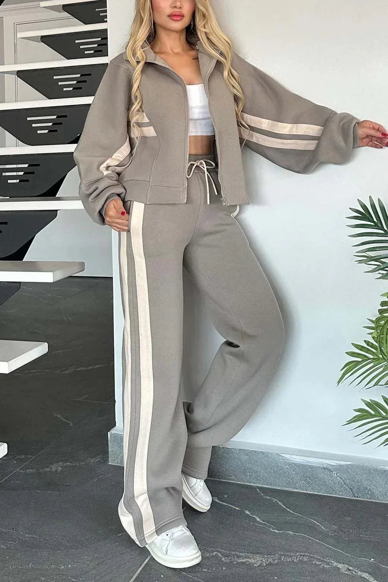 2025 Autumn Winter New Two-piece Set Women's Zipper Striped Loose Jacket Outwear And High Waist Side-striped Pants Sports Sets MultiShop24